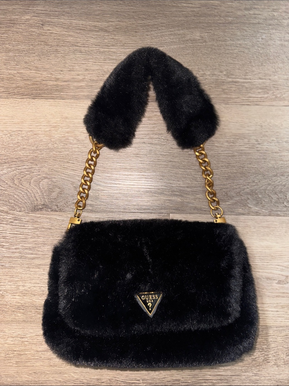 GUESS Black Faux Fur Shoulder Bag with Gold Chain Accent